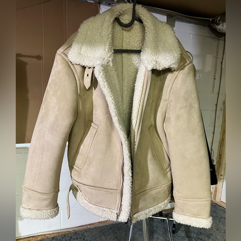 ZARA NEW WOMEN FAUX LEATHER SHEARLING DOUBLE-FACED BIKER TAUPE